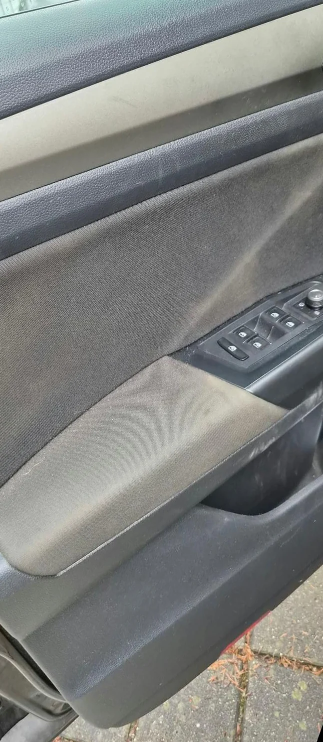 Fahrertür vorher: staubige, fleckige Verkleidung