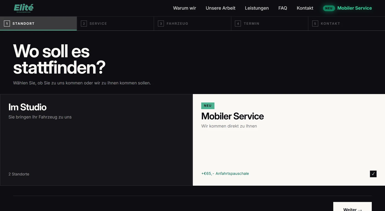 Die Buchung: „Wo soll es stattfinden?" — Im Studio oder Mobiler Service